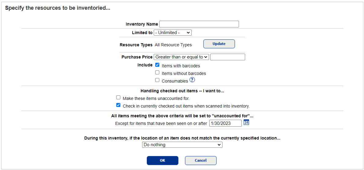 Options to specify the resources to be inventoried.